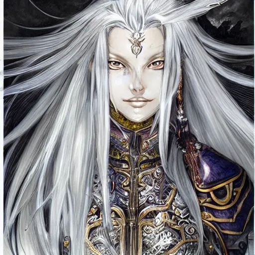 Image similar to a drawing of a woman with long white hair, wearing ornate armor, a character portrait by yoshitaka amano, featured on pixiv, fantasy art, official art, androgynous, anime