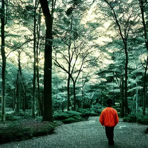 Image similar to 1 9 9 0 s candid 3 5 mm photo of a beautiful forest in tokyo, cinematic lighting, cinematic look, golden hour, the clouds are epic and colorful with cinematic rays of light, a man walks down the center of the forest with a beanie on, photographed by petra collins, uhd