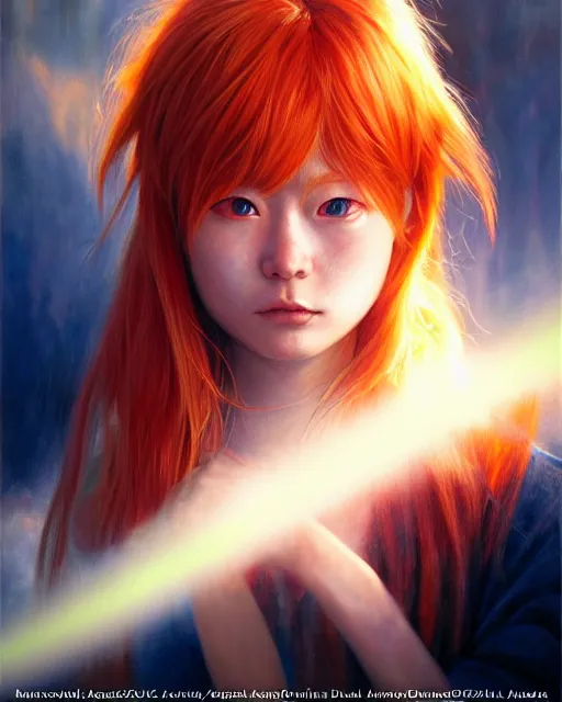 Image similar to asuka langley soryu, award winning photograph, radiant flares, realism, lens flare, intricate, various refining methods, micro macro autofocus, evil realm magic painting vibes, hyperrealistic painting by michael komarck - daniel dos santos