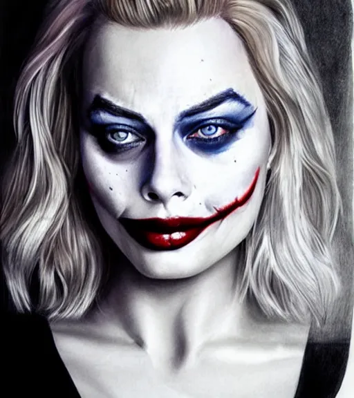 Image similar to margot robbie portrait with joker makeup, pencil drawing, realistic face, beautiful eyes, smiling, hyper realistic, highly detailed