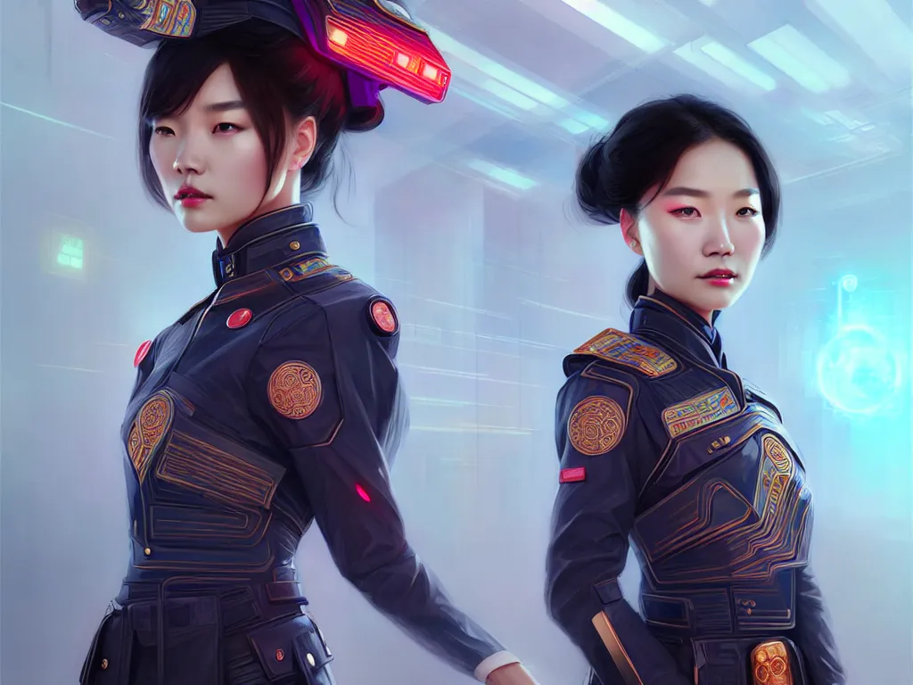 Image similar to portrait futuristic china police uniform female, at future neon light rooftop, ssci - fi and fantasy, intricate and very very beautiful and elegant, highly detailed, digital painting, artstation, concept art, smooth and sharp focus, illustration, art by tan zi and ayanamikodon and alphonse mucha and wlop