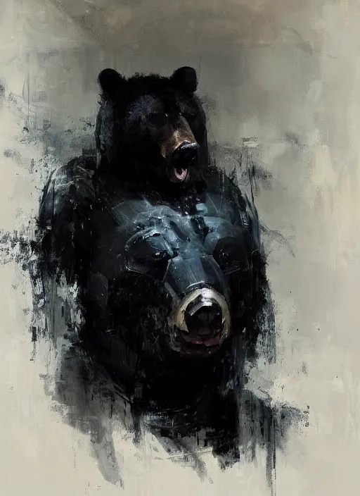 Image similar to portrait painting of anthropomorphic black bear samurai by jeremy mann, only one head single portrait