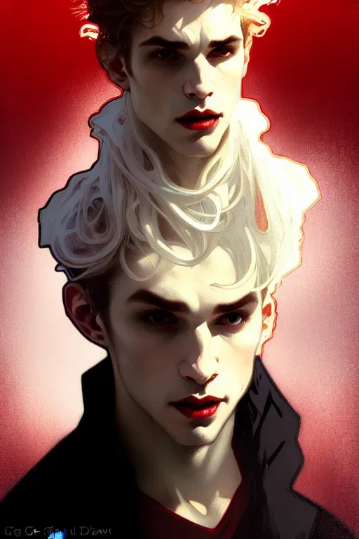 Image similar to portrait of a beautiful young fit male vampire with curly blond hairs and pale skin, dressed with urban clothes, by greg rutkowski and alphonse mucha, d & d character, gradient white to red, modern nocturnal background, highly detailed portrait, digital painting, artstation, concept art, smooth, sharp focus ilustration, artstation hq