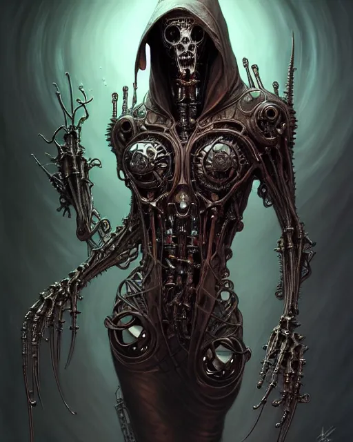 Image similar to front shot of a cyberpunk hooded dead biomechanical demon mastermind character, intricate, elegant, highly detailed, centered, (((artstation, concept art, smooth, sharp focus, artgerm, Tomasz Alen Kopera, Peter Mohrbacher, donato giancola, Joseph Christian Leyendecker, WLOP, Boris Vallejo))), mugshot!!!!!, ugly!!!!!!, octane render, nvidia raytracing demo, grainy, muted