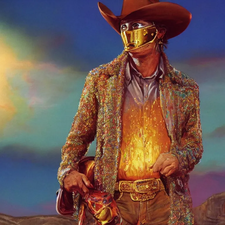 Prompt: 1 9 8 0's spaghetti western film octane render portrait by wayne barlow and carlo crivelli and glenn fabry, a person wearing a shiny colorful iridescent latex suit and mask and cowboy hat covered in liquid gold, standing in a colorful scenic western landscape with multicolored clouds, cinema 4 d, ray traced lighting, very short depth of field, bokeh