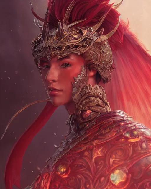 Image similar to Portrait of a Fantasy crimson knight, moonlit, HD, illustration, epic, D&D, fantasy, intricate, elegant, highly detailed, digital painting, artstation, concept art, smooth, sharp focus, illustration, art by artgerm and greg rutkowski and alphonse mucha, monster hunter illustrations art book