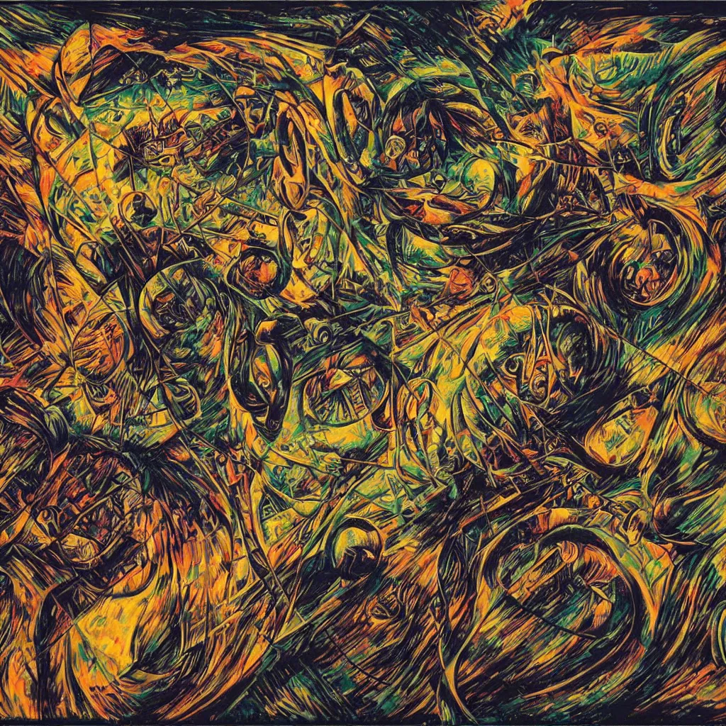 Image similar to the krebs cycle by Dan Mumford and Umberto Boccioni, acrylic on canvas