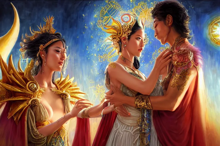 Image similar to close up moment of a divine a sun god and a moon goddess lovers magician at a wedding banquet, highly detailed, d & d, fantasy, highly detailed, digital painting, trending on artstation, concept art, sharp focus, asian feature, illustration, art by artgerm and daniel gerhartz and magali villeneuve