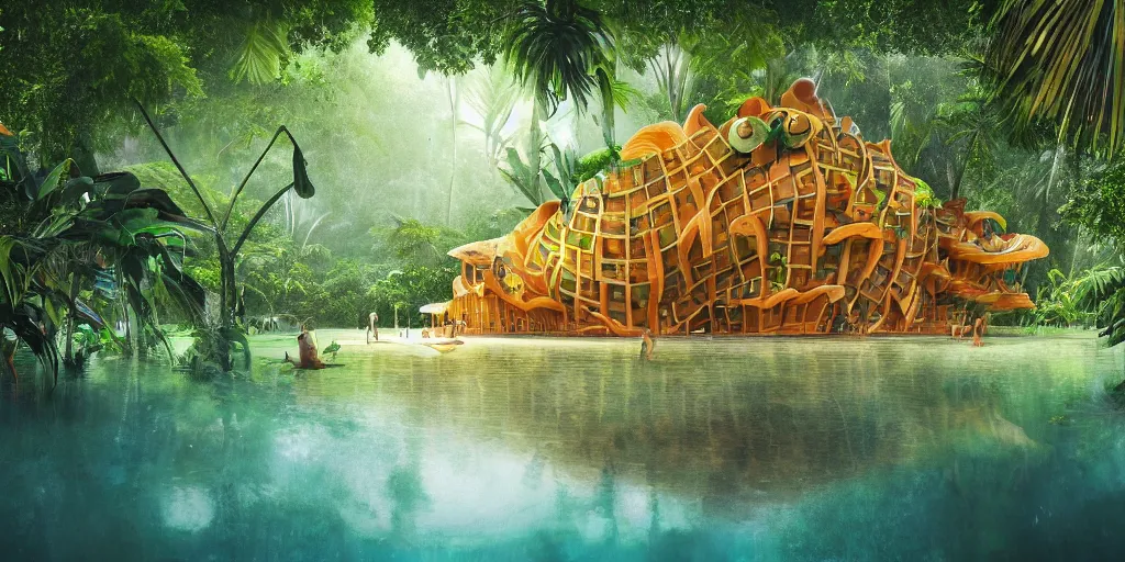 Image similar to of a tropical rainforest lake with strange cute friendly happy creatures with huge eyes, mouth, long tongue, round teeth and goofy face, appearing from the trees, in the style of gehry and gaudi, macro lens, shallow depth of field, ultra detailed, digital painting, trending artstation, concept art, illustration, cinematic lighting, photorealism, epic, octane render