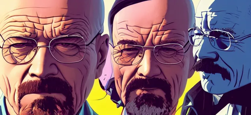 Image similar to breaking bad scene, digital painting masterpiece, by ilya kuvshinov, by frank frazetta, by mœbius, by reiq, by hayao miyazaki, intricate detail, beautiful brush strokes, advanced lighting technology, 4 k wallpaper, interesting character design, stylized yet realistic anatomy and faces, inspired by kill bill animated scene