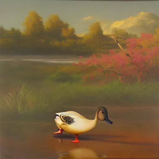 Prompt: a duck on the prowl oil painting john armleder