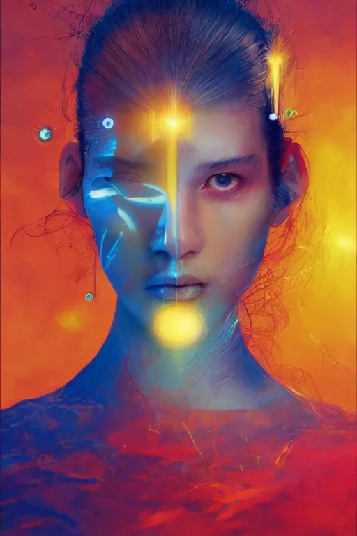 Prompt: 3 d, sci - fi, sun rays, sleepy fashion model face, yellow faces, cinematic, vogue cover style, poster art, light red and deep blue mood, realistic painting, intricate oil painting, high detail, figurative art, multiple exposure, poster art, 3 d, by tooth wu and wlop and beeple and greg rutkowski