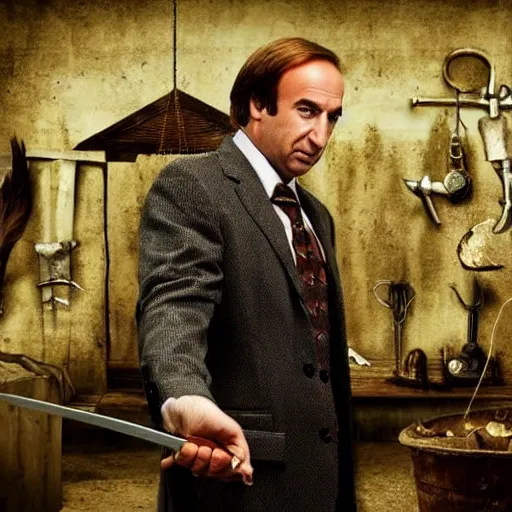 Image similar to saul goodman and a rooster in a medieval torture chamber, saw blades and knives in the background, horror movie, saul goodman!, rooster!!!!, real life photo, highly detailed face