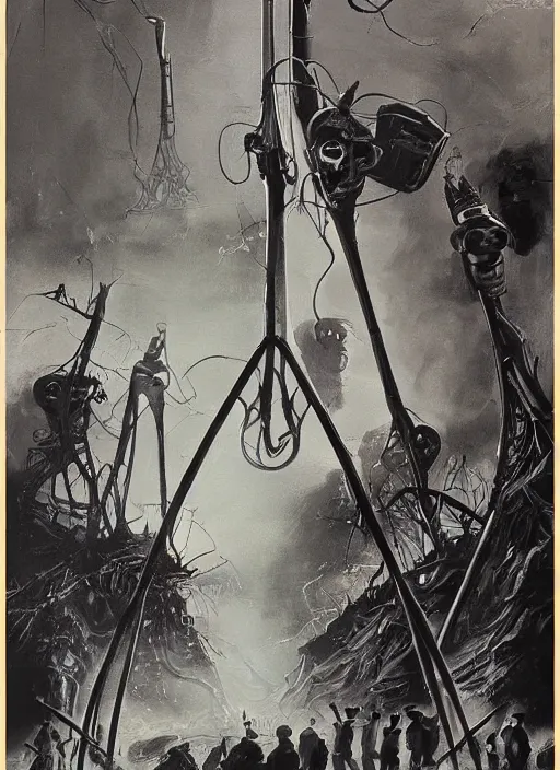 Image similar to war of the worlds, an ultrafine detailed painting by john philip falter, austin briggs, cg society, american scene painting, dystopian art, american realism, academic art, movie poster, poster art