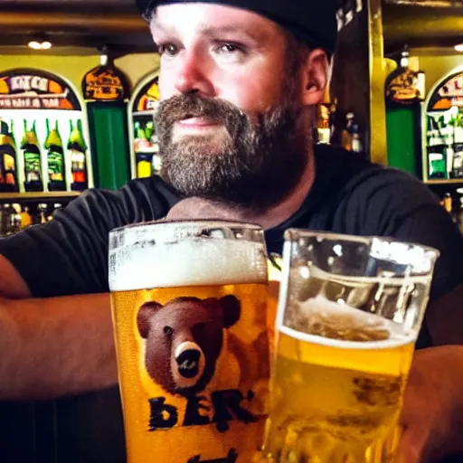 Prompt: bear holding beers in irish pub