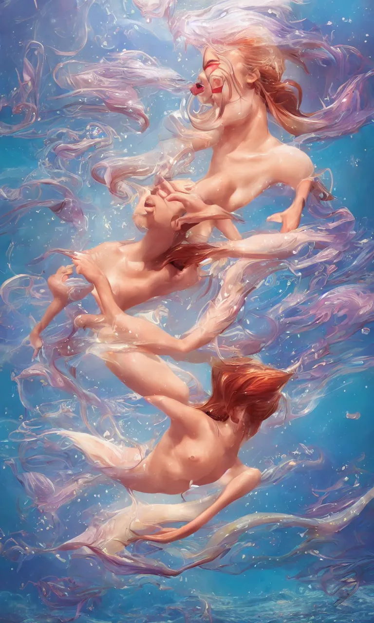 Image similar to surrealistic mermaid, half fish half woman , woman with fish head, diving in the air rounded by jelly clouds made by Stanley Artgerm Lau, WLOP, Rossdraws, ArtStation, CGSociety, concept art, cgsociety, octane render, trending on artstation, artstationHD, artstationHQ, unreal engine, 4k, 8k,