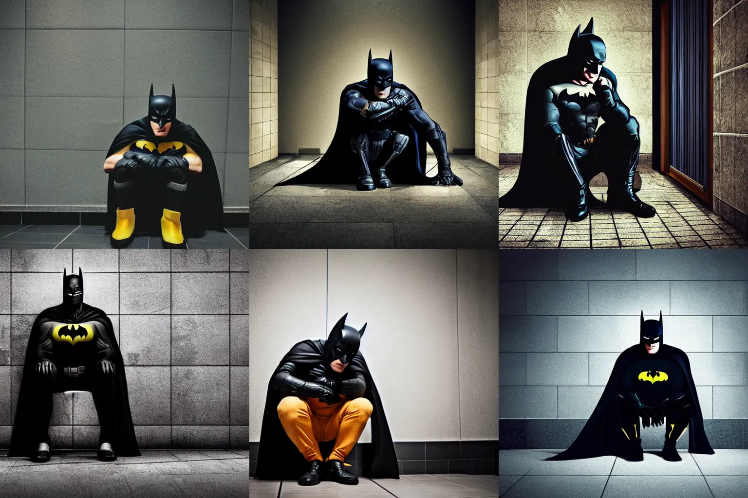 Prompt: close low - angle shot photo of batman sitting in a grim toilet, pants down, dirty tiles in the wall, dramatic lights, dark colours