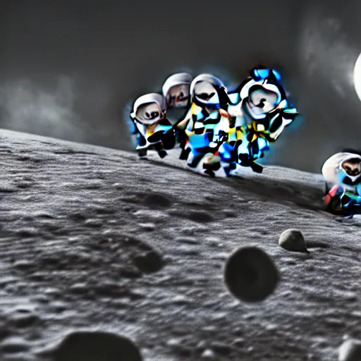 Image similar to macro photo of minions fighting on the moon, ultra realistic