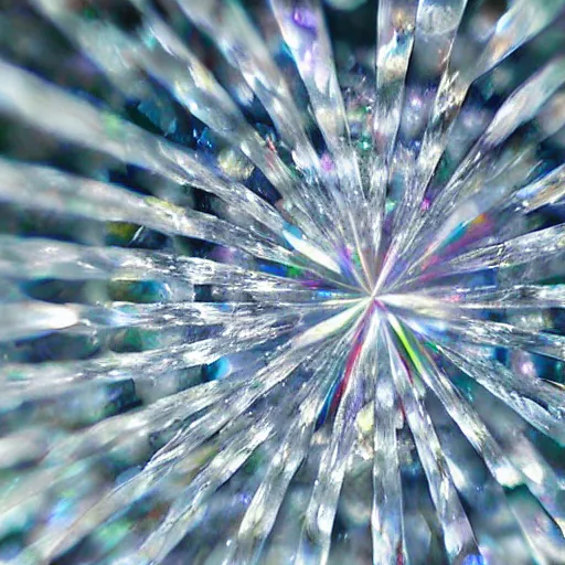 Prompt: a light beam through a beautiful complex composition of millions of glass prisms crystal ice growth, macro lens, dark side of the glass