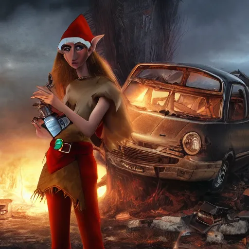 Image similar to a skinny high-fantasy elf with a long narrow face and spiky blonde hair wearing dark brown overalls and holding a bomb next to a destroyed car, high resolution film still, 8k, artstation