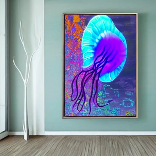 Prompt: colorful luminous blue green purple jellyfish translucent detailed painting 4 k - n 4