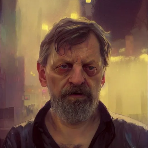 Image similar to slavoj zizek, hyperrealistic portrait, bladerunner street, art of elysium by jeremy mann and alphonse mucha, fantasy art, photo realistic, dynamic lighting, artstation, poster, volumetric lighting, very detailed face, 4 k, award winning