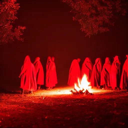 Prompt: A group of red robed cultist circling a bonfire at night. There robes has cultist markings on them. Dark, dreary, otherworldly, cinematic lighting, Nano.