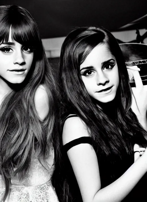 Image similar to beautiful, award winning photo of ariana grande and emma watson as a 1 9 7 0 s rock and roll guitarists. live at woodstock, symmetrical eyes, 8 k, studio lighting t