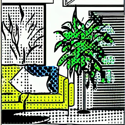 Prompt: living room filled with plants in the style of roy lichtenstein, halftone