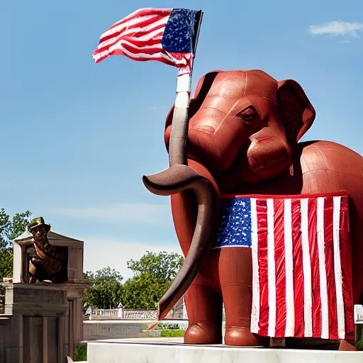 Image similar to Clarence Thomas and Samuel Alito riding a red elephant holding an American flag with its trunk while trampling the grave of Ruth Bader Ginsburg