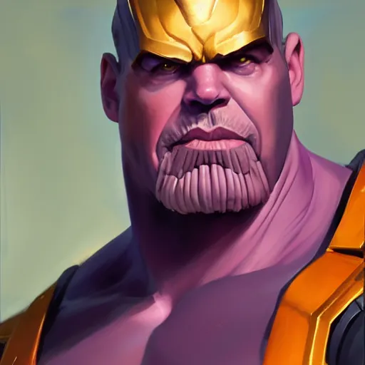 Image similar to greg manchess portrait painting of thanos as overwatch character, medium shot, asymmetrical, profile picture, organic painting, sunny day, matte painting, bold shapes, hard edges, street art, trending on artstation, by huang guangjian and gil elvgren and sachin teng