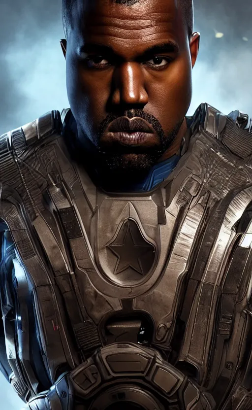 Image similar to Portrait of Kanye West as captain america in Gears of War, splash art, movie still, cinematic lighting, dramatic, octane render, long lens, shallow depth of field, bokeh, anamorphic lens flare, 8k, hyper detailed, 35mm film grain