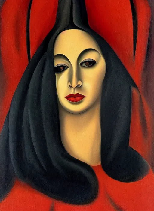 Prompt: oil painting of portait Queen of Ecstasy, dark hair, veil, black dress, Hungarian, by Georgia o Keeffe, by Marcel Jankowicz, 🥵