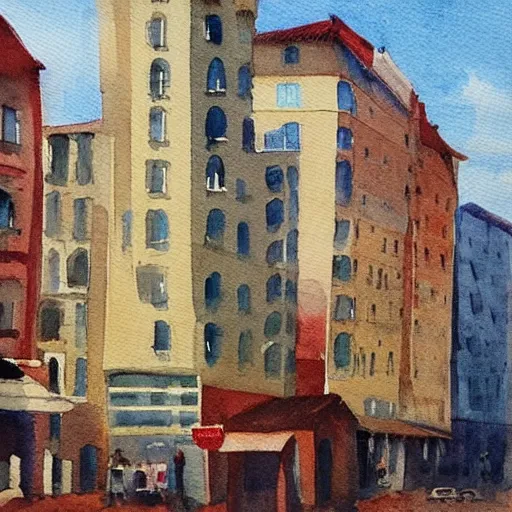 Image similar to big city steet on a hot summer day, watercolor painting, morandi color palette, very beautiful masterpiece by a very talented artist, stunning