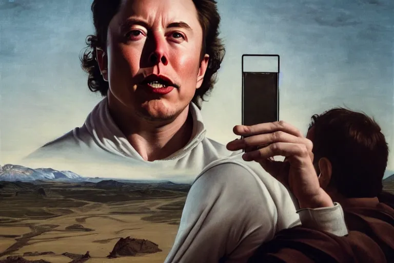 Image similar to hyperrealism aesthetic ridley scott and caravaggio and denis villeneuve style photography of a detailed giant elon musk, siting on a detailed ultra huge toilet and scrolling his smartphone in hyperrealism scene from detailed art house movie in style of alejandro jodorowsky and wes anderson