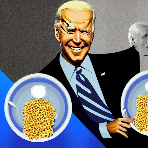 Prompt: Joe Biden is emerging from a bowl of cereal, Extremely realistic photo, trending art station