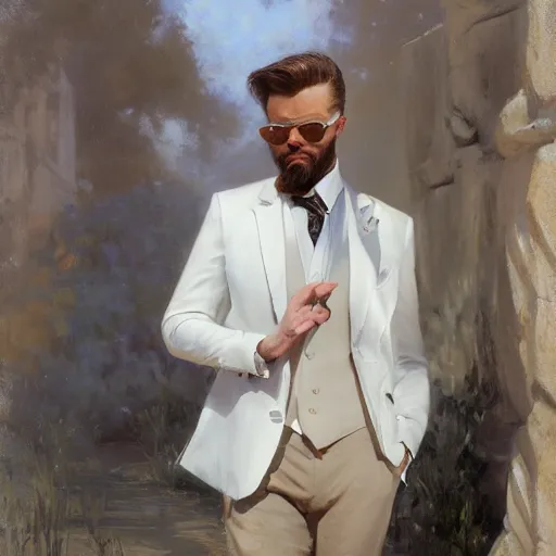 Prompt: detailed cinematic wide shot of beautiful attractive young man sunglasses white suit white waistcoat white shirt white tie brown hair brown beard slim face symettrical face clean skinultra realistic, spring light, painting by gaston bussiere, craig mullins, j. c. leyendecker