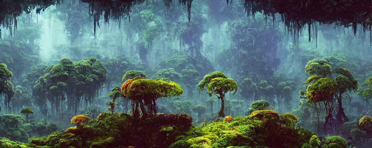 Image similar to ” outer planet with misty jungle covered in mycelium, [ moist, wet, lush, cinematic, detailed, epic, widescreen, opening, establishing, mattepainting, photorealistic, realistic textures, octane render, art by paul lehr ] ”