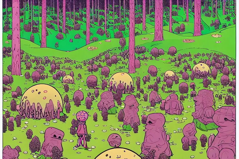 Image similar to surreal glimpse into other universe, inside a marshmallow forest in an ice cream valley, summer morning, very coherent and colorful high contrast, art by geof darrow, dark shadows, hard lighting