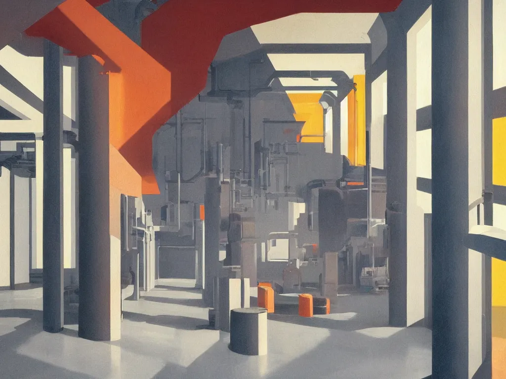 Image similar to colorful minimalist industrial interior hallway with monolithic pillars in the style of ridley scott and stanley kubrick, impossible stijl architecture, science fiction, lone silhouette in the distance, ultra wide angle view, cinematic, god rays, volumetric lighting, neo tokyo, realistic detailed painting by edward hopper