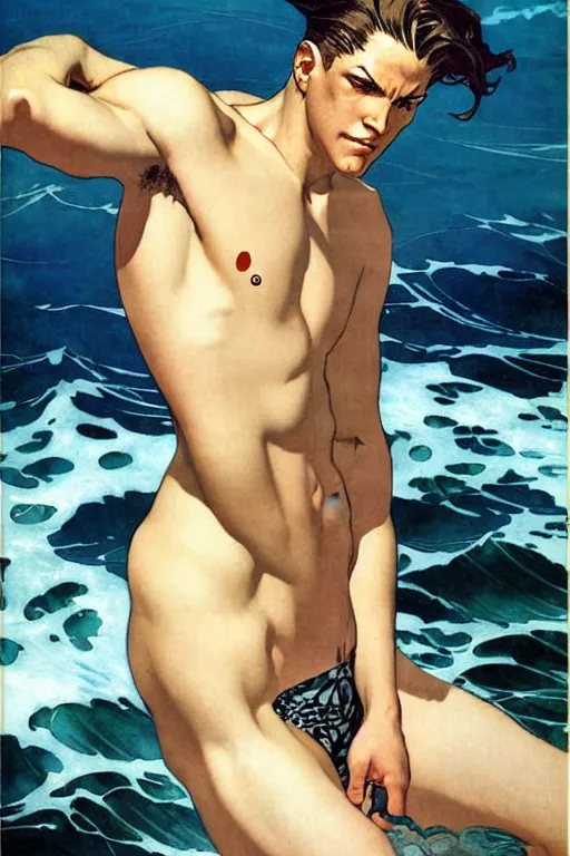 Prompt: attractive man in the ocean, painting by j. c. leyendecker, yoji shinkawa, katayama bokuyo