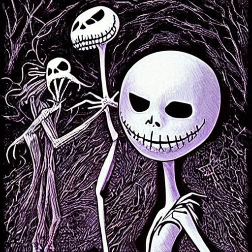 Prompt: “ a nightmare before christmas, jack skellington dances with sally, future world, art style by philippe caza, award winning concept art, highly detailed rendering. ”