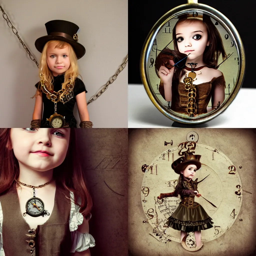 Image similar to steampunk little girl wears a clock necklace