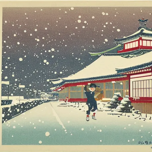 Prompt: enoden running in the snow near shonan kaigan koen station, ukiyoe, intricate,