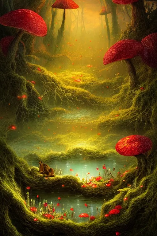 Image similar to a beautiful digital illustration painting of a detailed fantasy fireflies lake and roots, dark mushroom, speckled mushroom, kittens, flowers by benoit b. mandelbrot, steven belledin, martin johnson heade, lee madgwick, caspar david friedrich, and david rios ferreira. 8 k resolution trending on artstation concept art digital illustration