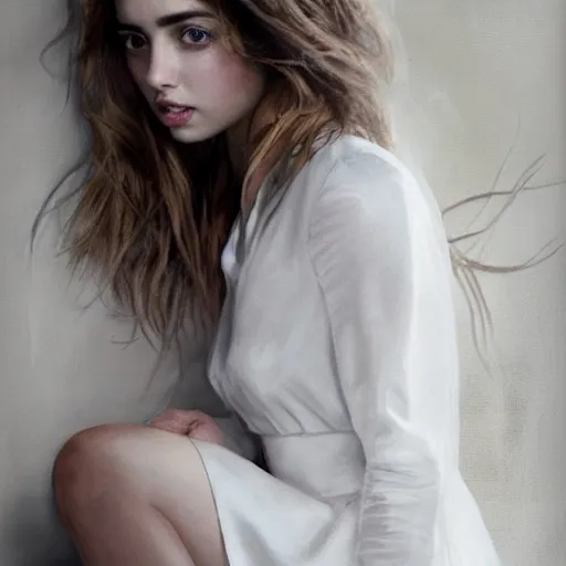 Image similar to portrait of beautiful happy young ana de armas wearing a beautiful silky white dress, painted by greg rutkowski