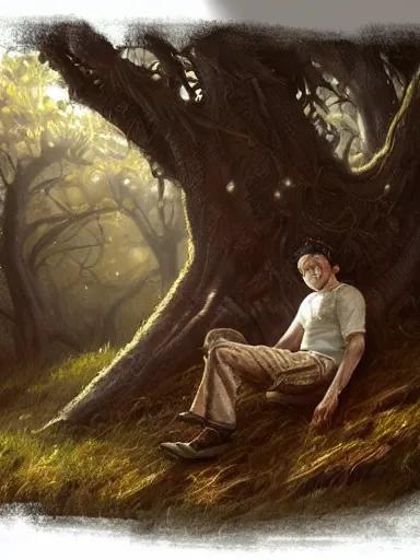Prompt: a grumphy man, legs crossed, arms crossed. under a tree. intricate, elegant, highly detailed, digital painting, artstation, concept art, sharp focus, illustration, by justin gerard and artgerm, 8 k