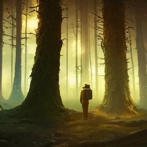 Prompt: A astronaut gazing upon an amazing alien forest landscape, digital art, breathtaking, golden ratio, extremely detailed, establishing shot, hyperrealistic, cinematic lighting, particles, unreal engine, simon stålenhag, rendered by Beeple, Makoto Shinkai, syd meade, simon stålenhag, Ruan Jia, Kentaro Miura, environment concept, artstation, octane render, 8K UHD image