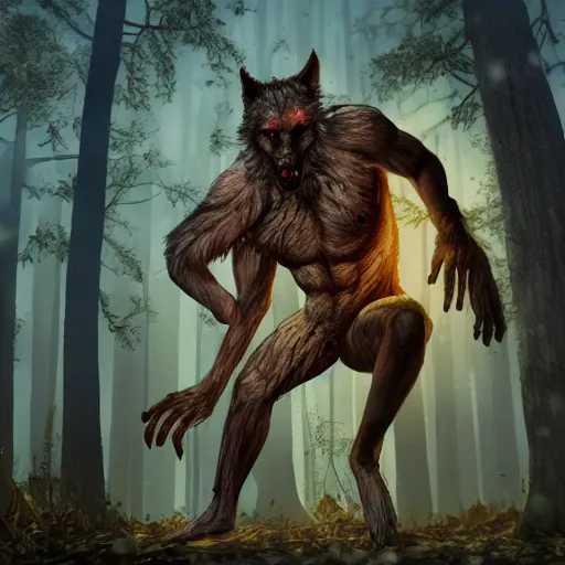 Image similar to man ripping off his skin turning into a werewolf, forest scenery, full moon, illuminated lighting, highly detailed, 4 k