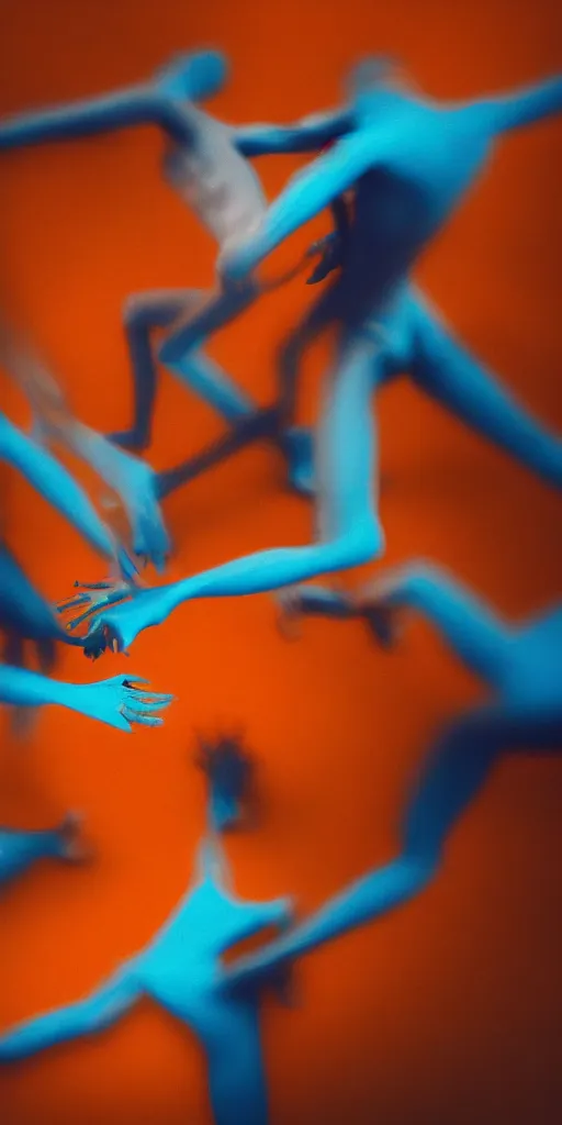 Prompt: a blurry closeup picture of abstract gorgeous human bodies gripping each other tightly, macro photography, long exposure photograph, surrealism, anamorphic bokeh, orange and cyan lighting, cinematic